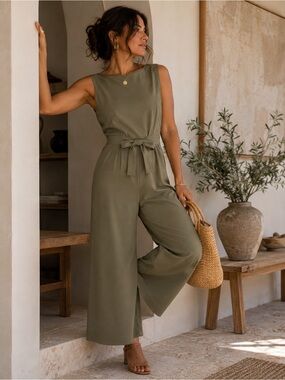 Calvin Klein Olive Sleeveless Wide-Leg Tie-Waist Jumpsuit Size 2